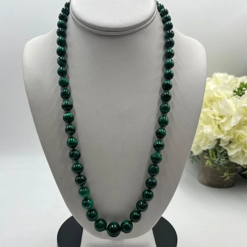 Malachite Vibrant Green with Banding Graduated Round Polished Beaded Necklace